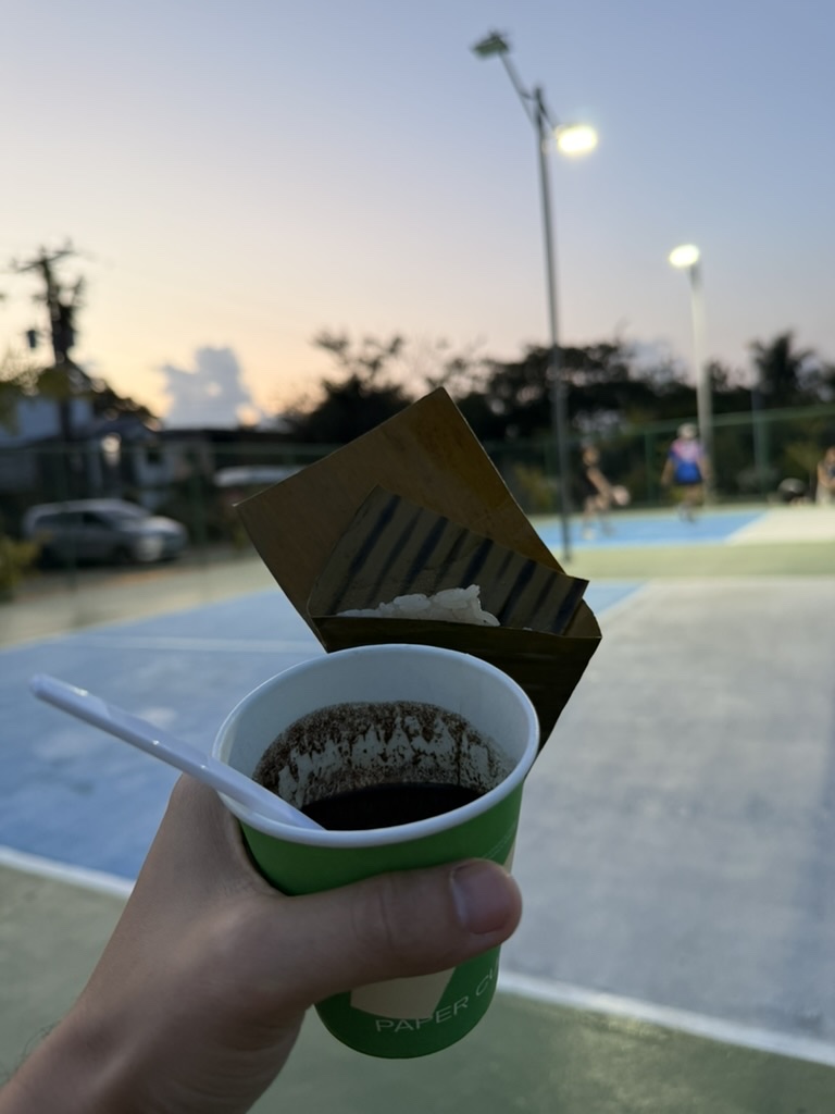 Pickleball after-hours — coffee at the court is part of the experience