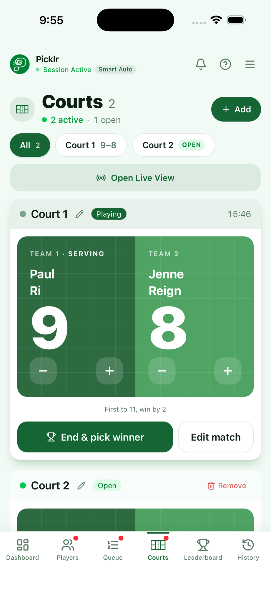 Picklr live courts view with scores