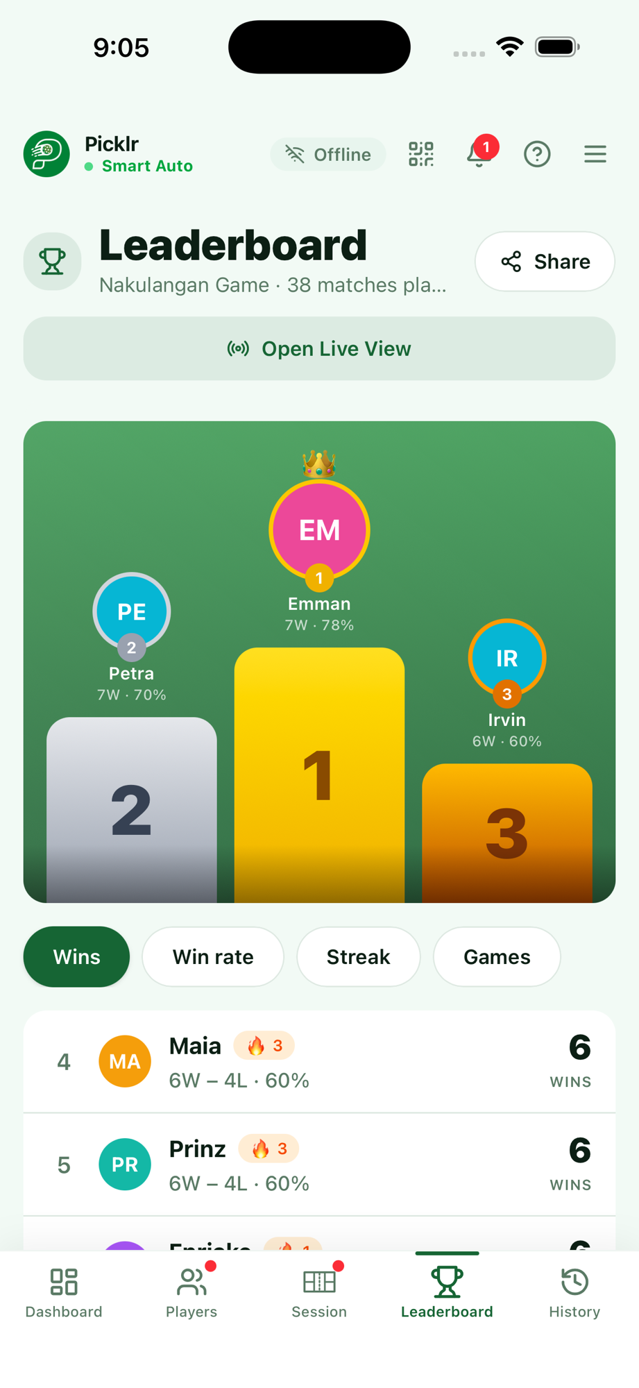 Picklr leaderboard with podium and player rankings