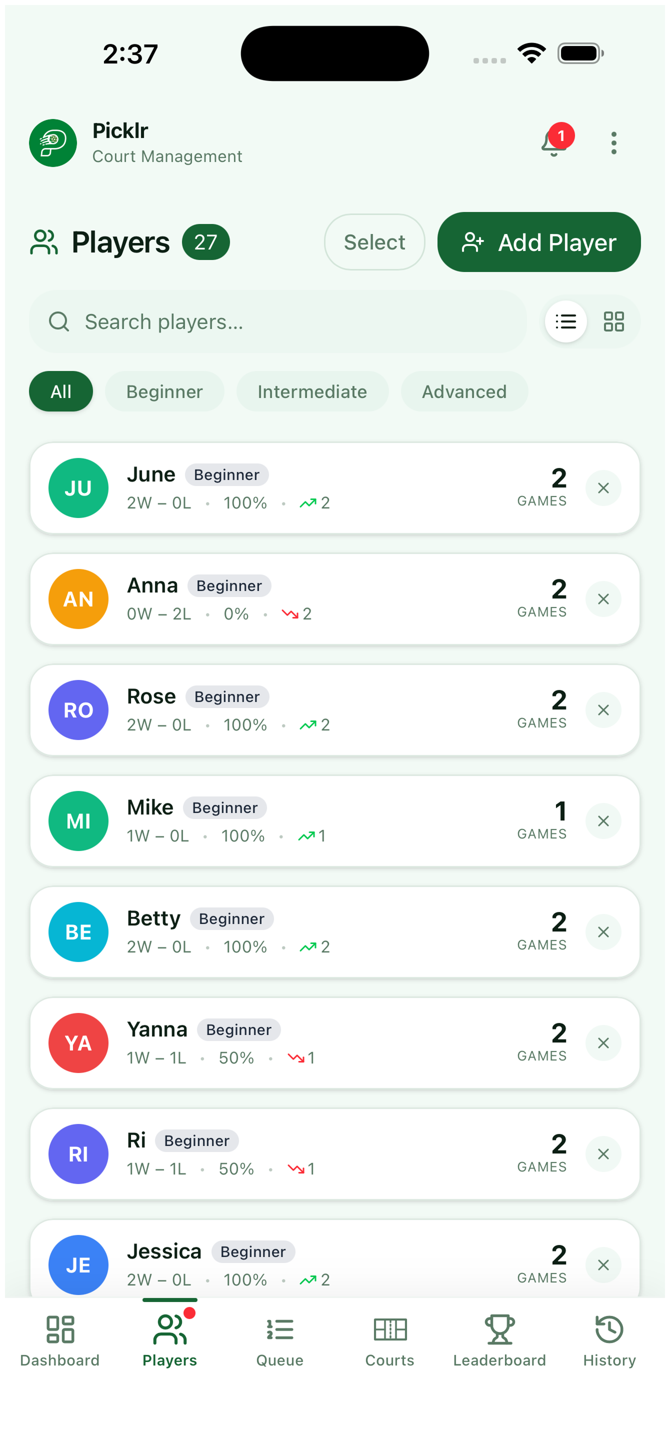 6. Player list