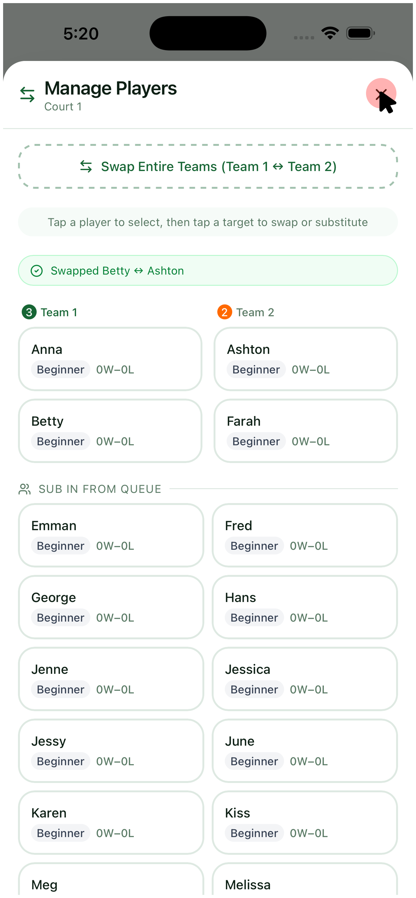 13. Switch a player mid-match — view 4