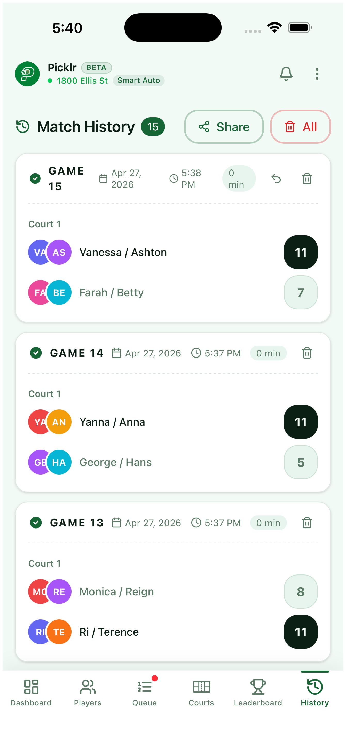 19. Match history
