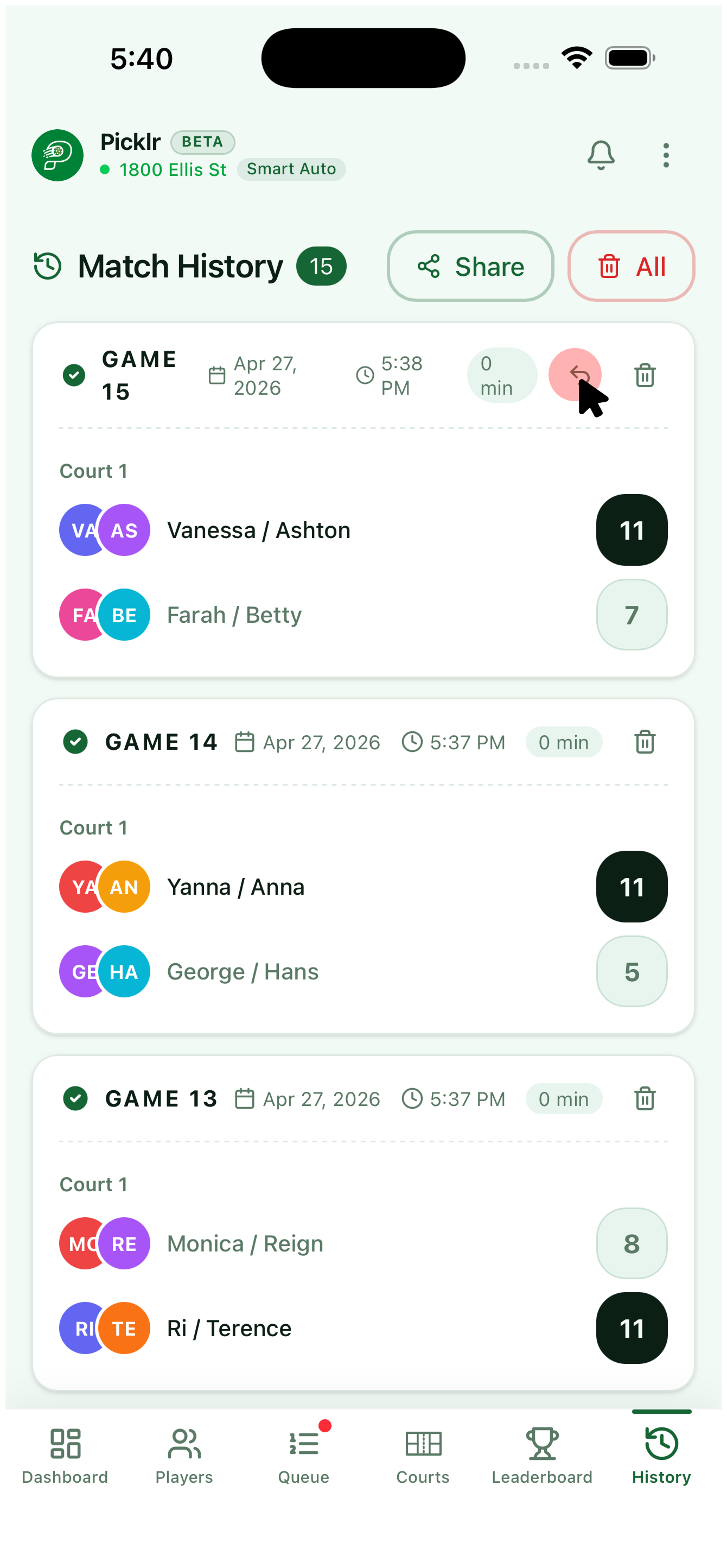 20. Edit the score — undo the most recent match — view 1