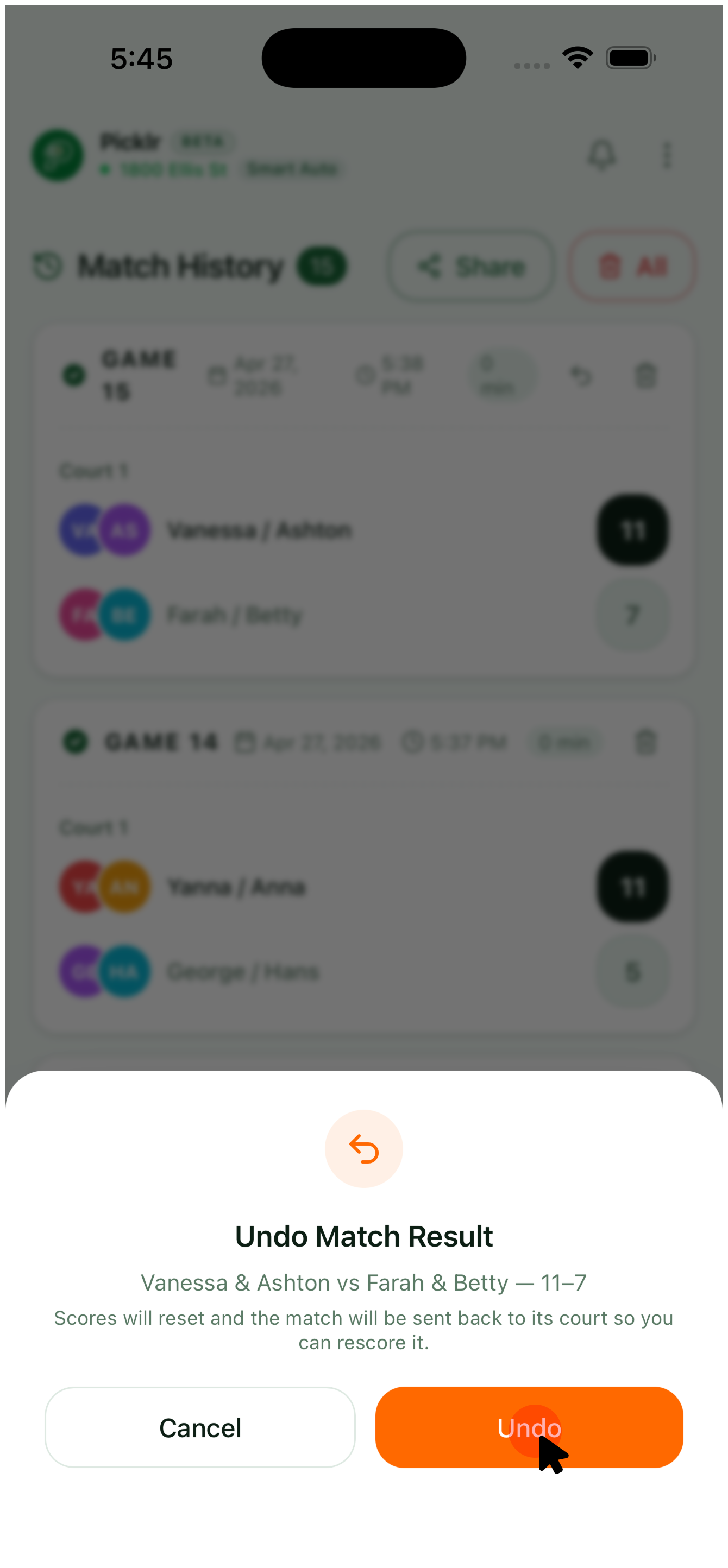 20. Edit the score — undo the most recent match — view 2